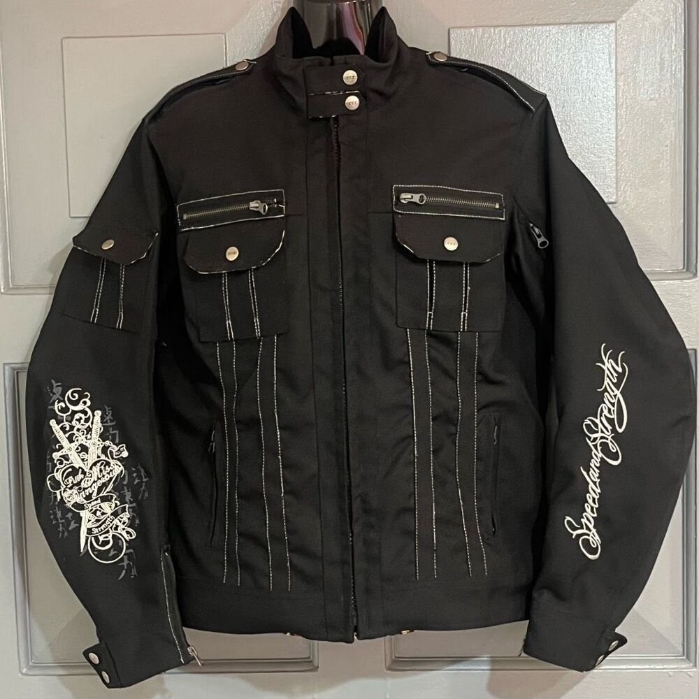 Speed and Strength Woman’s Black Leopard Lined Motorcycle Jacket Embroidered No